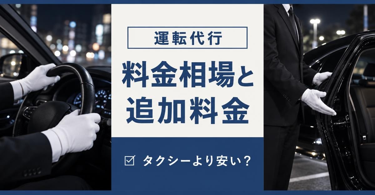 運転代行の料金相場と追加料金｜「運転代行」「料金相場と追加料金」「タクシーより安い？」の文字と、夜にハンドルを握る白手袋の手元・車のドアを開けて案内する運転手